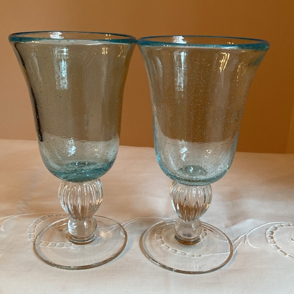 Recycled Glass Water Goblets Set of 2 Light Blue Clear Stem with Ball in Center - Picture 3 of 10